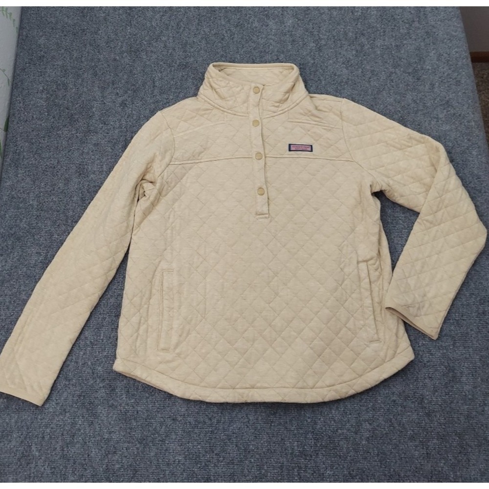 Vineyard Vines Quilted Pullover Womens Large Beige 1/4 Snap Pockets Outdoor